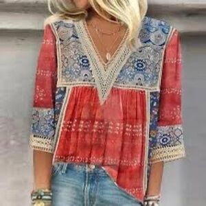Chic Boho Red and Blue Blouse with Lace Trim Accents size L